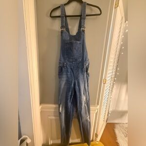 Royal Blue Denim Overalls Skinny Leg Distressed Size 11 Inseam 32